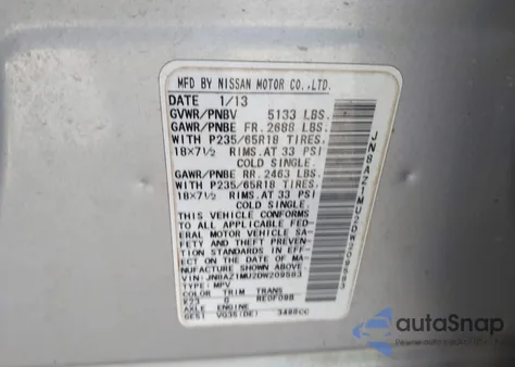 2013 Nissan Murano S z USA, uszkodzony, nr VIN JN8AZ1MU2DW209583